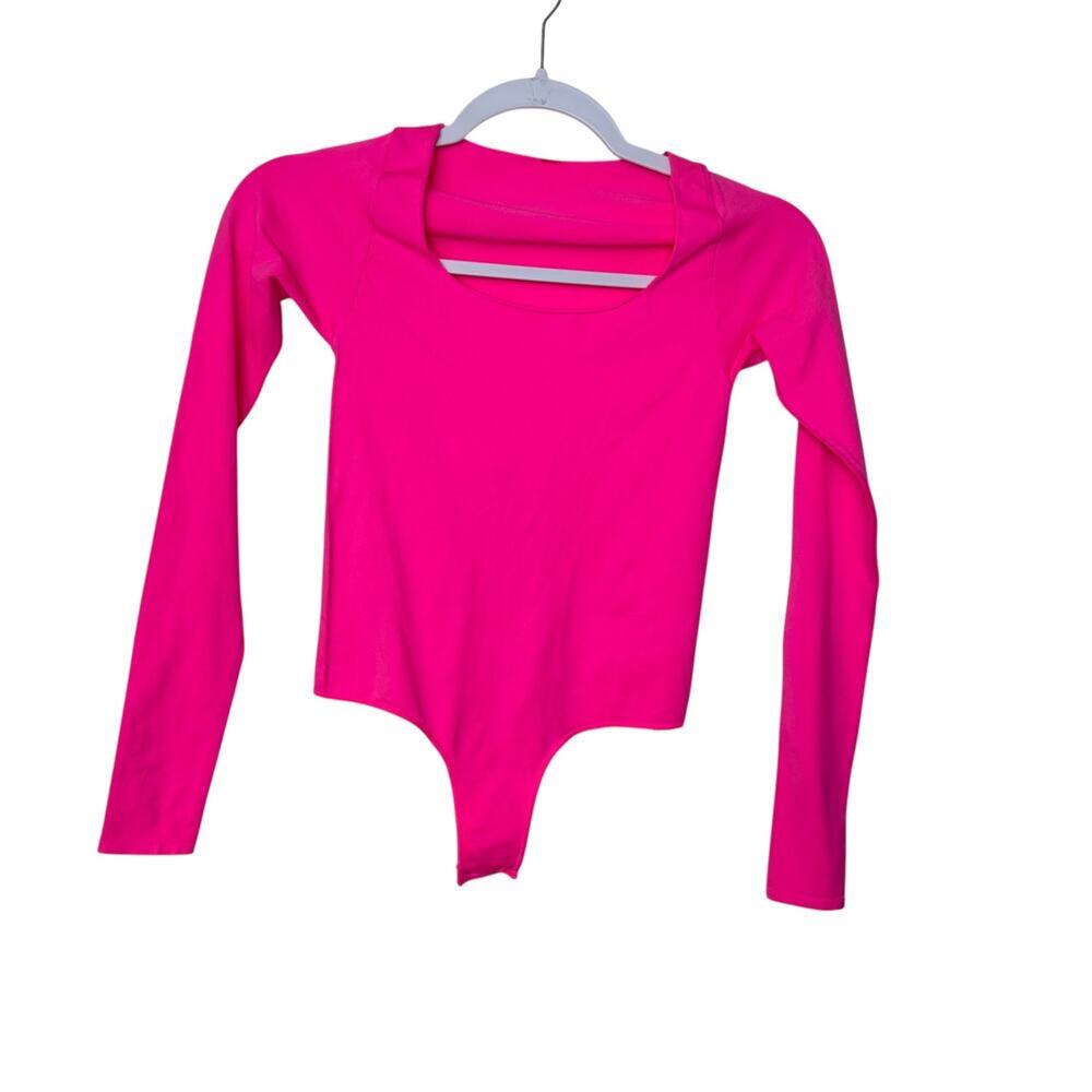 Skims Essential Long Sleeve Raw Snap Thong Scoop Neck Bodysuit Pink XXS/XS NWT